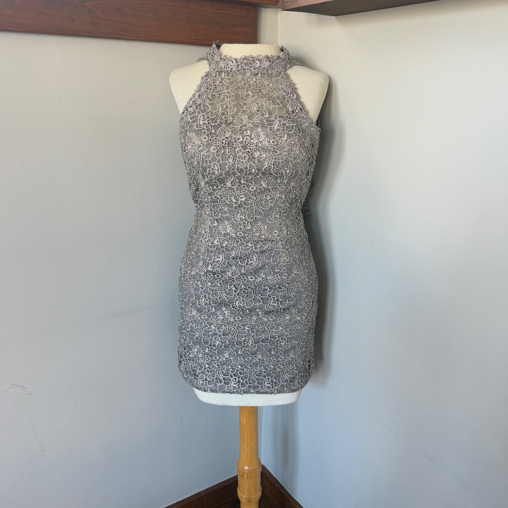 Alyce Paris‎ Lace Beaded Halter Neck Cocktail Prom HOCO Dress Silver Size 00